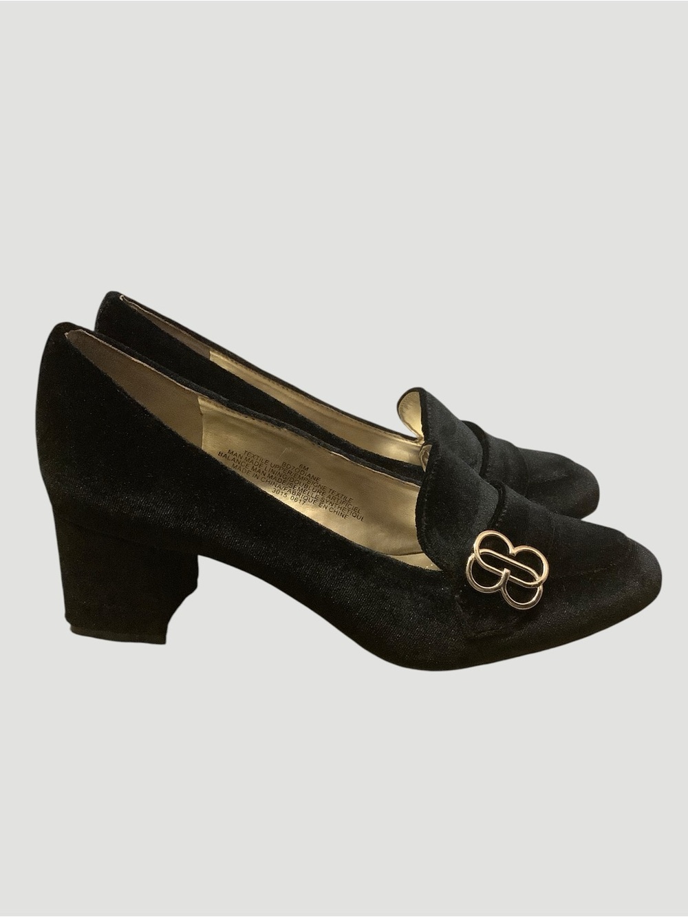 Bandolino Velvet Look Loafer Pumps Black Gold Hardware Block Heel Shoes Size 6M - Picture 2 of 11
